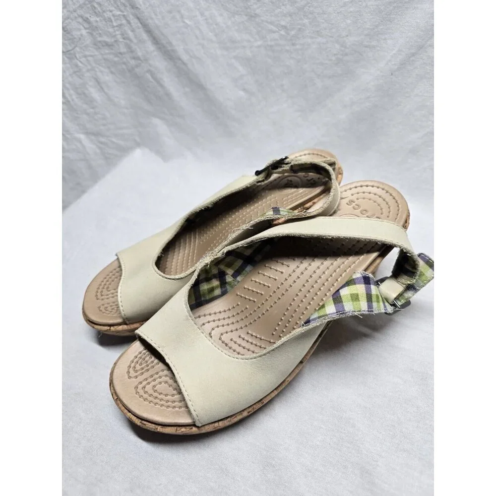 CROCS A-Leigh Beige Cork Wedge Sling Back Sandals Womens Size 7 - Picture 11 of 11